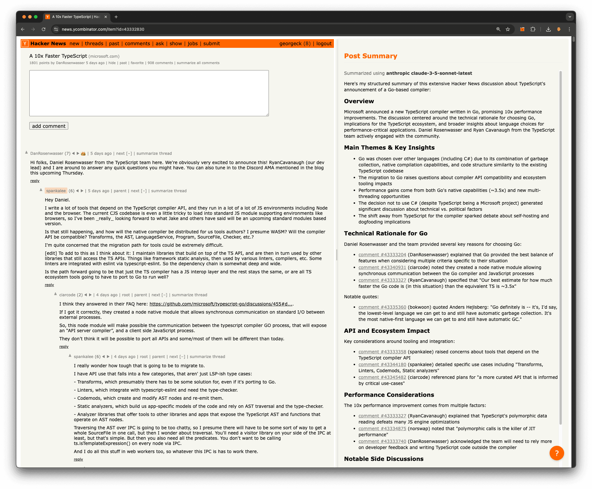 Screenshot: AI-powered summarization of a Hacker News discussion thread using the HN Companion extension